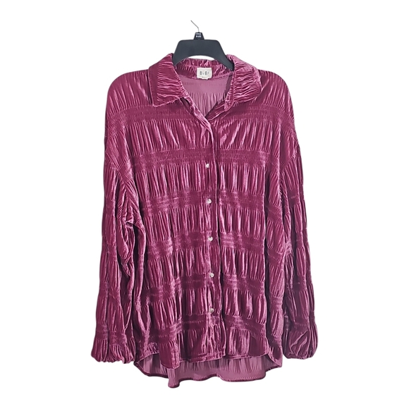 Bibi Women’s Metallic Pink Velvet Button Down Shirt Ruched Long Sleeve Sz Small - Picture 2 of 14